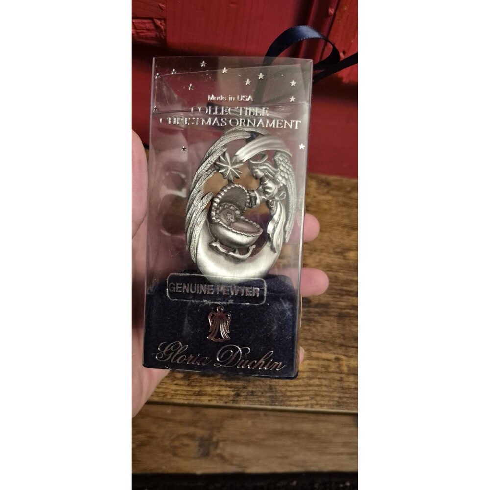 New In Box Gloria Duchin Pewter Angel Ornament Bethlehem Star Baby In Cradle